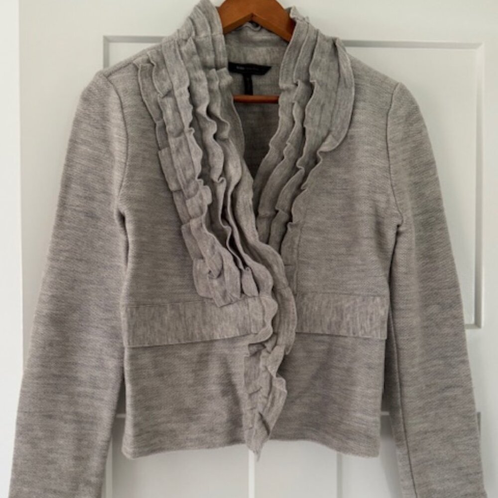 BCBG Maxazria 100% Sweater Jacket w/pleats in light gray. Size M